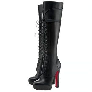 Christian Louboutin Nardja Black Leather Platform Knee High Boot Heel 8.5 US 39